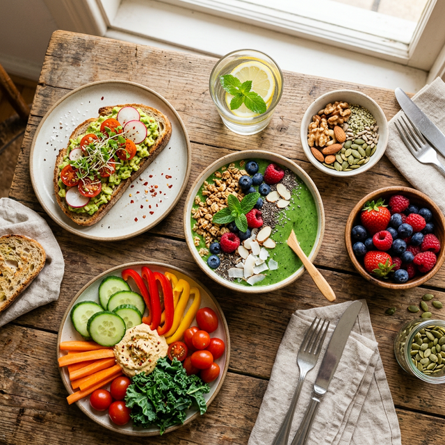 Overhead view of a colorful plant-based meal spread with fresh fruits, vegetables, nuts, and whole foods