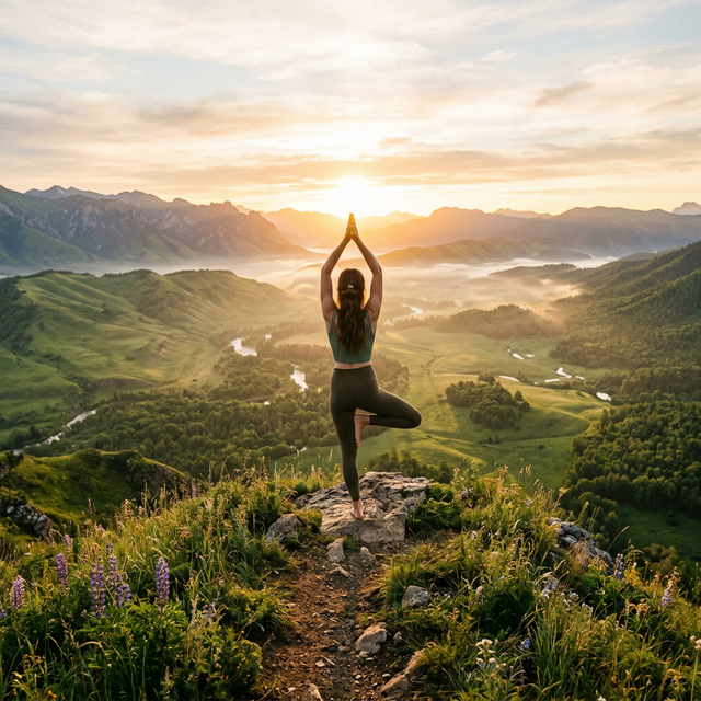 Woman doing yoga tree pose at sunrise on a hilltop overlooking a lush green valley