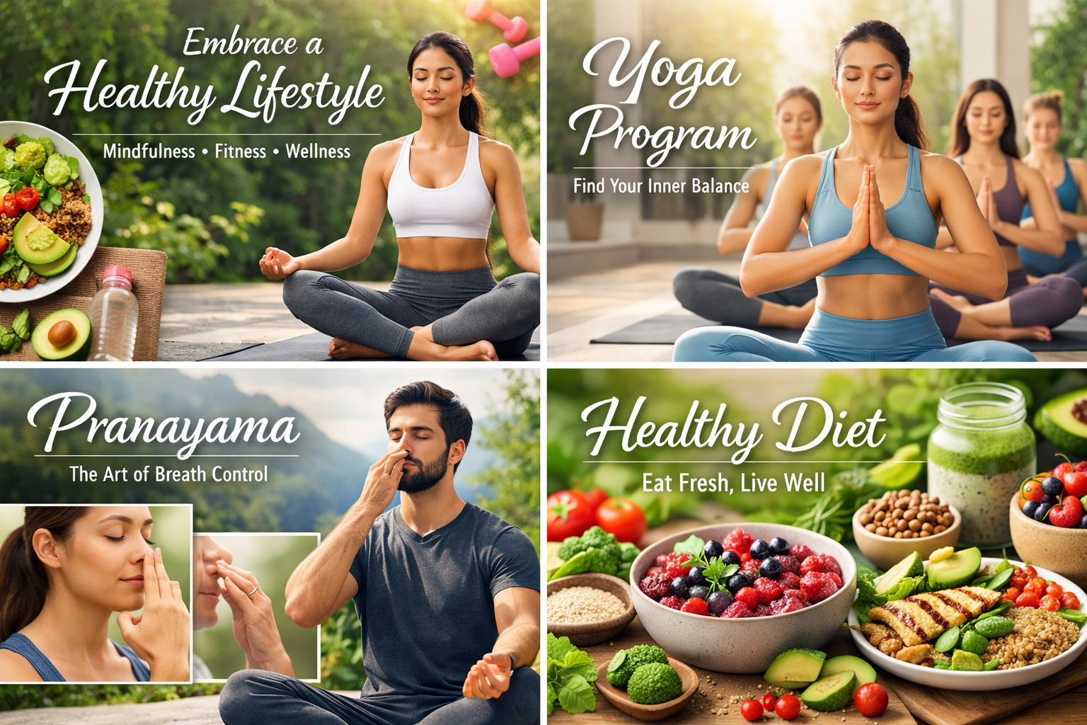 Collage showcasing healthy lifestyle practices including meditation, yoga, pranayama breathing, and nutritious food