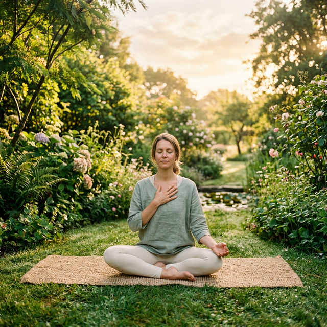 Person practicing pranayama breathing exercise in a serene garden at sunrise