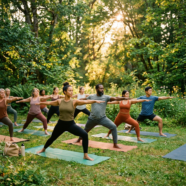 Group of people practicing yoga poses together in a peaceful outdoor setting with sunlight